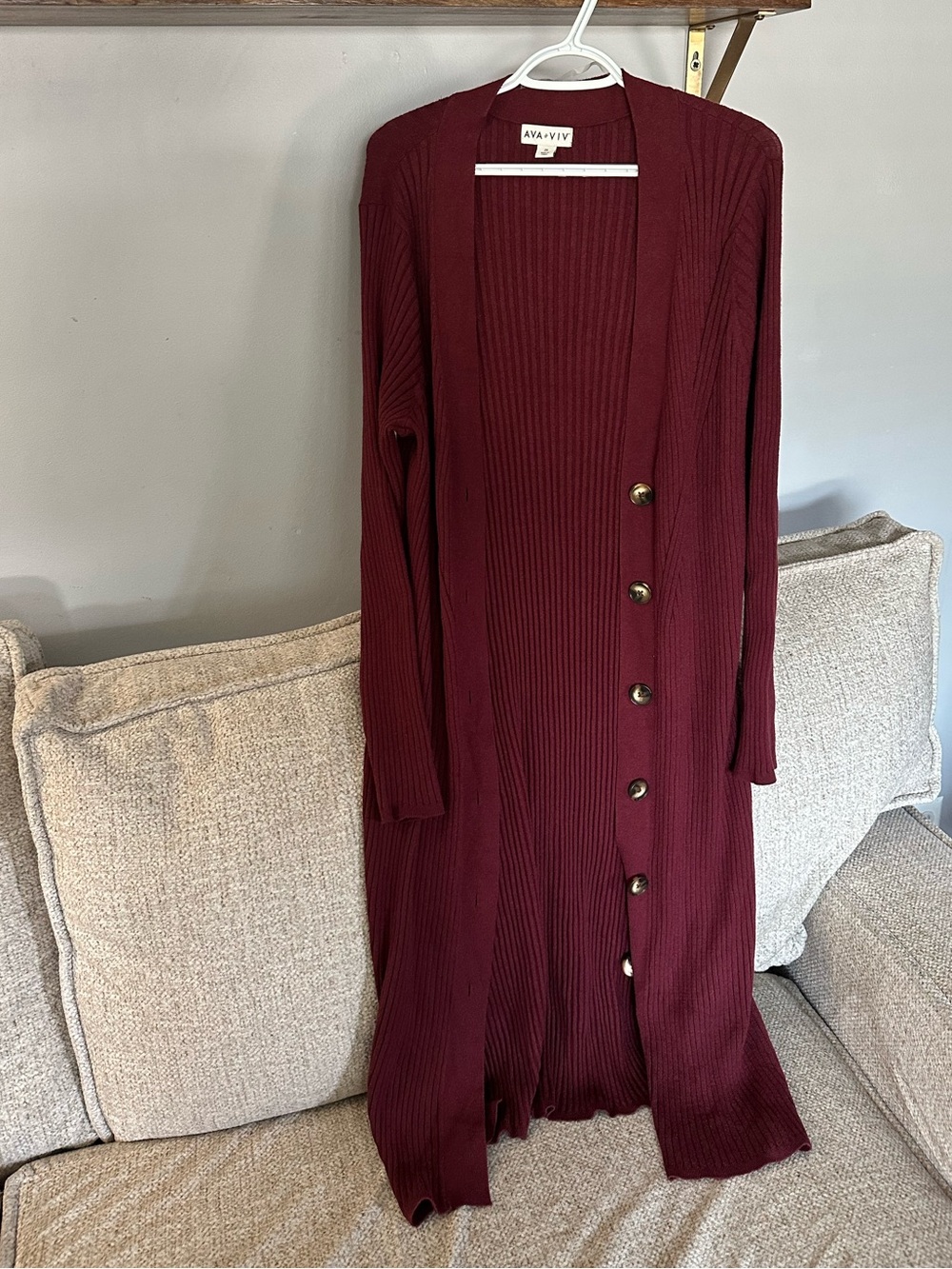 Ava & Viv Long Ribbed Button-Front Cardigan - Wine